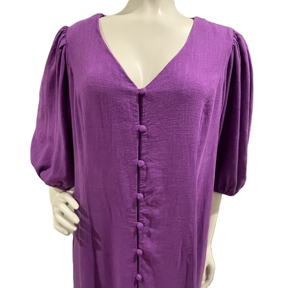 J.Jill Petite M Purple Puff Sleeve Linen Blend Midi Dress Button Front Boho - Picture 2 of 13